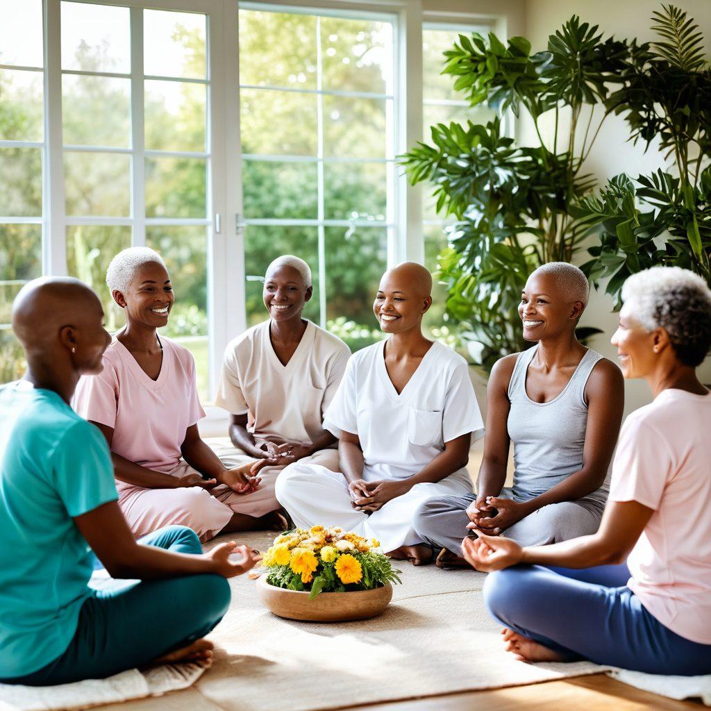 A serene and uplifting scene featuring a diverse group of cancer patients in a supportive group therapy setting, sharing smiles and stories. Include elements of nature, like blooming flowers and soft sunlight, to symbolize hope and healing. Display wellness materials like meditation tools and healthy foods around them. Emphasize community and empowerment through the expressions of unity and strength among the participants. super-realistic. vibrant colors. soft focus.