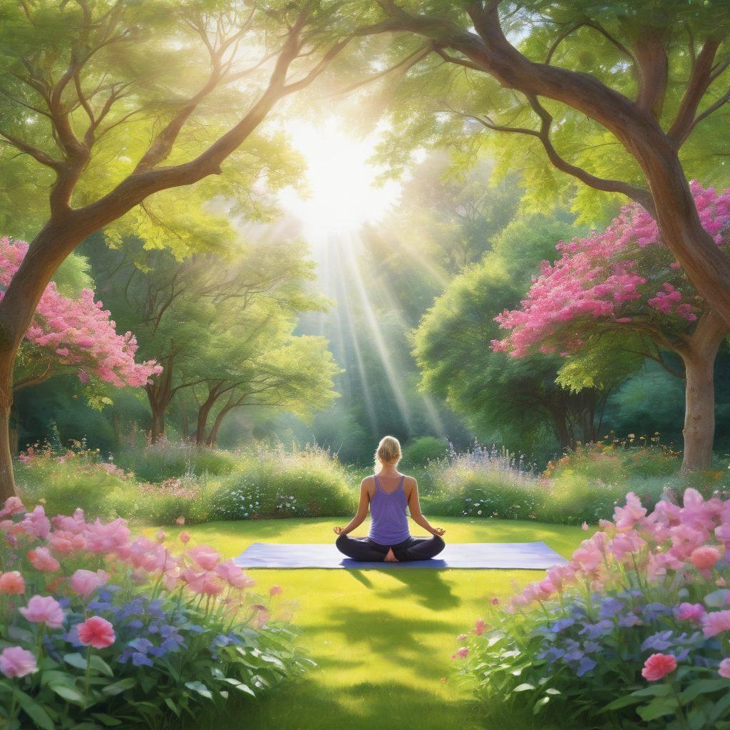 A serene landscape depicting a peaceful garden with a diverse group of people engaging in yoga and meditation, surrounded by lush greenery symbolizing both mental and physical wellness. In the foreground, vibrant flowers bloom, representing hope and healing, while sunlight filters through the trees, creating a warm and inviting atmosphere. Integrate subtle imagery of cancer awareness, like ribbons in the flowers, to symbolize support and care. soft-focus, vibrant colors, watercolor style.
